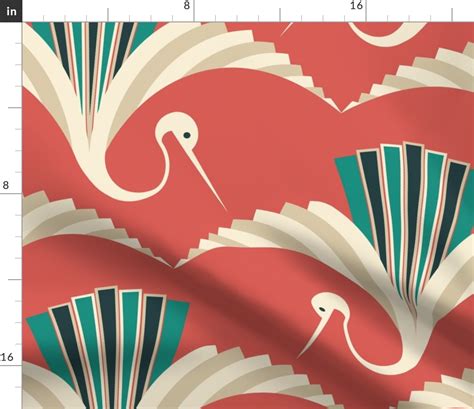 Large Scale Art Deco Crane Red Fabric Spoonflower