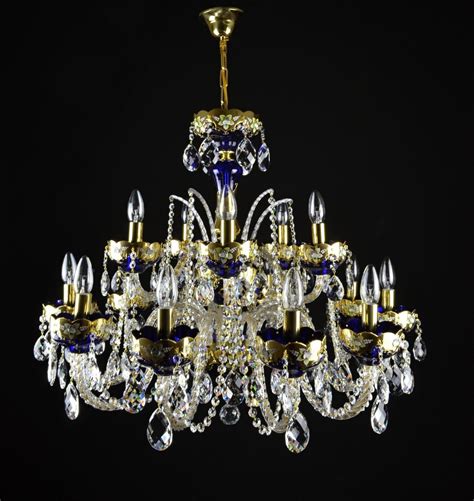 Large Blue Enameled Crystal Chandelier With Glass Flowers On The Gold