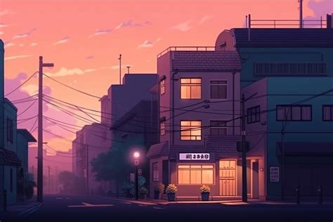 Japanese city sunset street anime art. Generate Ai