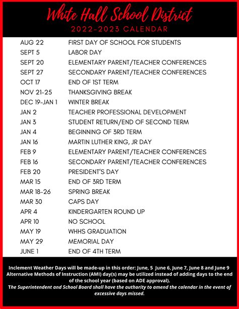 District Calendar of Events | White Hall School District