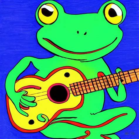 Frog Playing On Guitar Blue Background Photorealistic Stable