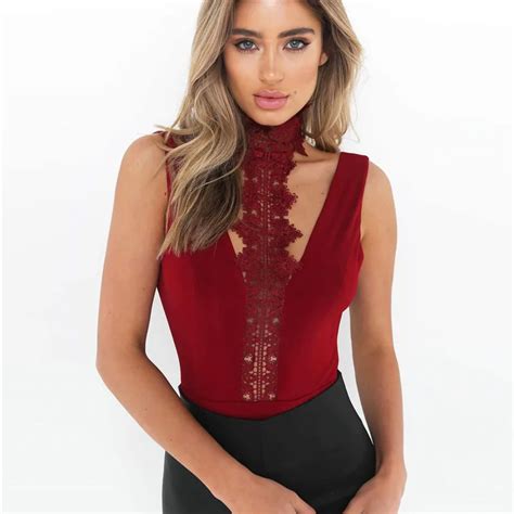 2018 Elegant Eyelash Sexy Backless Lace Halter V Neck Bodysuits Elegant