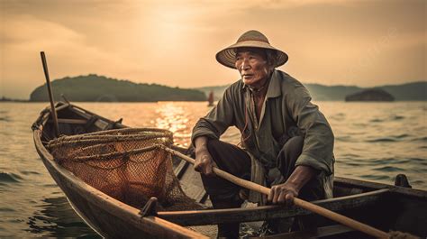 Gambar Seorang Lelaki Asia Duduk Di Atas Dan Memancing Gambar