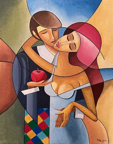 A Painting Of Two People Hugging Each Other With An Apple On The Plate