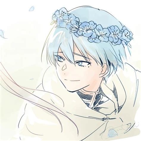 An Anime Character With Blue Hair And Flowers In Her Hair Looking To