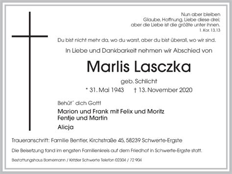 Traueranzeigen Von Marlis Lasczka Sich Erinnern De