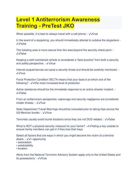 Level 1 Antiterrorism Awareness Training Jko Answers Instruc