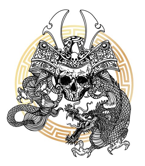 Tattoo art warrior head japanese sword and dragon drawing literature ...