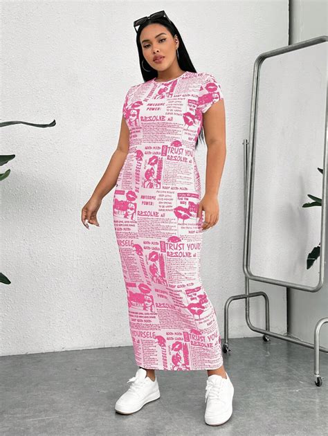 SHEIN EZwear Plus Newspaper Print Bodycon Dress SHEIN USA