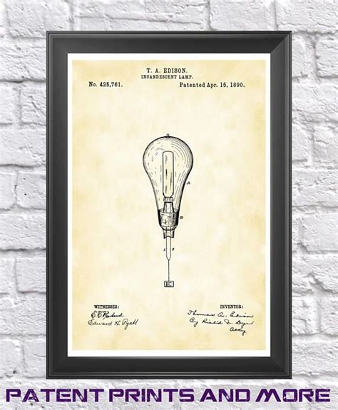 Edison Light Bulb Patent Print Thomas Edison Poster Etsy Patent