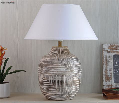 Buy Cumberland Natural Carved Wood Table Lamp With Cotton Shade White