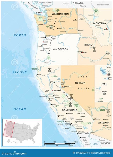 Political and Administrative Vector Map of the Western United States of