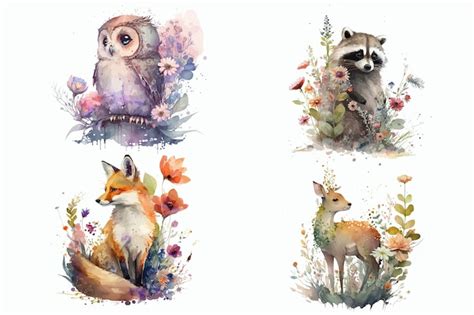 Hibou Raton Laveur Renard Et Cerf En Fleurs Dans Un Style Aquarelle