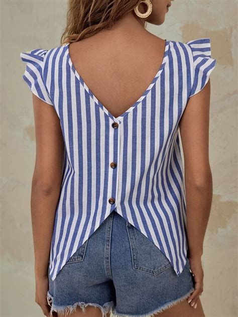 Free Returns Free Shipping On Orders 49 Shein Vertical Striped Ruffle Hem Button Back Blouse