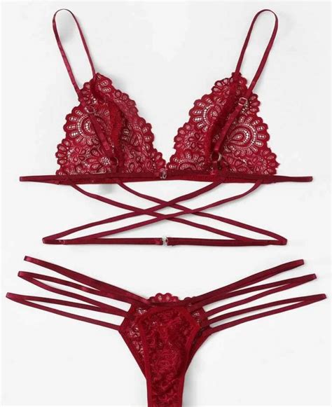 Burgundy Lace Criss Cross Ladder Cut Out Lingerie Set Ck Fusion