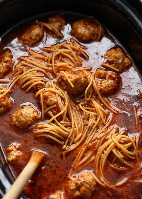 Spaghetti and Meatball Soup - Crock Pot Recipe | Cookies and Cups