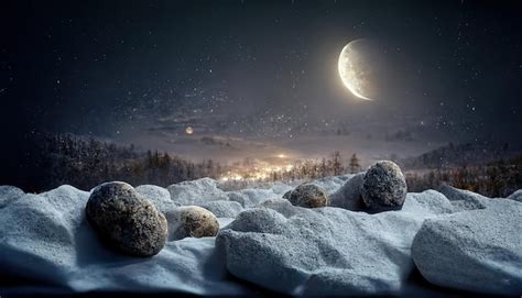 Paisagem Noturna De Inverno Lua Cheia No C U Estrelas Sobre Uma