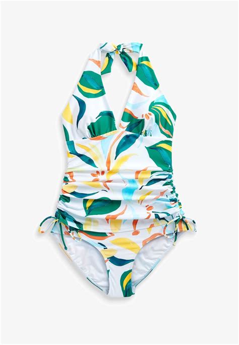 Next Ruched Tummy Control Plunge Swimsuit Badedragt White Tropical