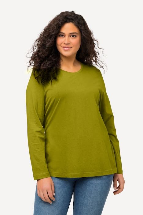 Basic Round Neck Long Sleeve Slim Fit Cotton Tee Olive Ulla Popken