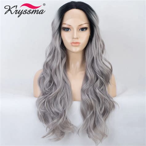 Ombre Grey Long Wavy Wig Synthetic Lace Front Wig Silver Black Roots To