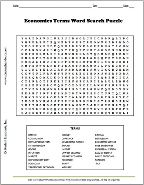 Economics Terms Word Search Puzzle - Worksheet is free to print (PDF file).