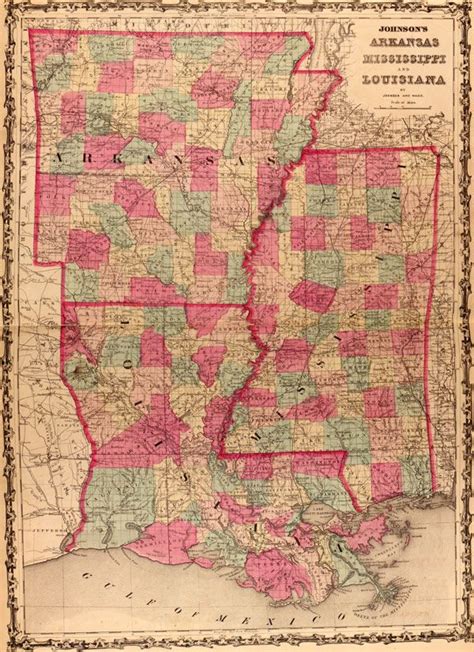 Arkansas Mississippi And Louisiana State 1862 Historic Map Johnson And Ward Reprint Map Of