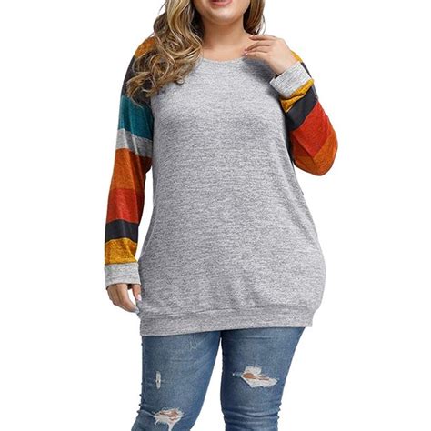 Womens Plus Size Tunic Tops Colorblock Raglan Long Sleeve Loose Shirts