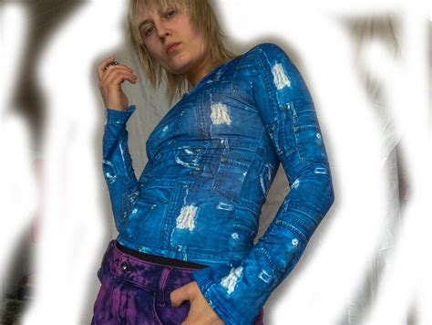 Y2k Printed Long Sleeve Top Jeans Pattern Top Spandex Top Etsy