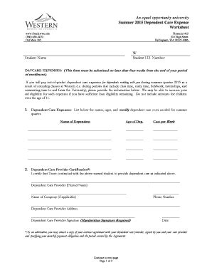 Fillable Online Finaid Wwu DAYCARE EXPENSES This Form Must Be