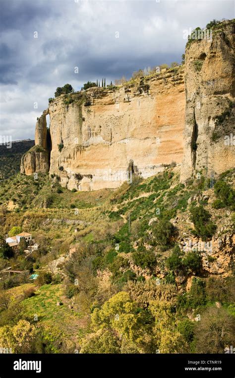 Andalusia Landscape With High Steep Rock In Ronda Southern Spain Stock