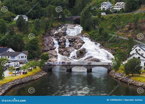 Waterfall in the Village of Hellesylt. Norway Editorial Stock Image ...