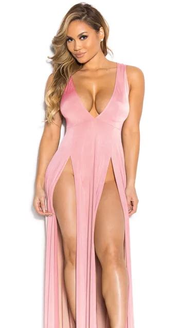 Double Side Slit Sexy Long Dress Night Club V Neck Sleeveless Bodycon