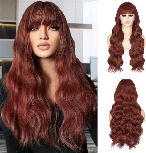 Suntefic Long Auburn Wig With Bangs Copper Red Wigs For Women Long Red Curly Wavy