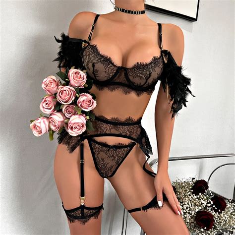 Metal Chain Women S Bra Thongs Set Feather Lace Sexy Lingerie For