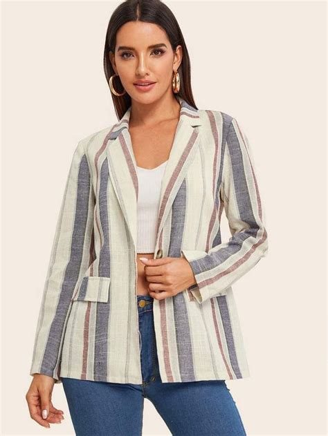 Shein Notched Collar Flap Detail Striped Blazer Striped Blazer Dress And Sneakers Outfit Blazer