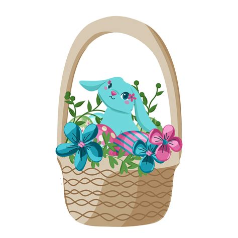 Cartoon Easter Baskets With Painted Eggs And Spring Flowers Wicker Basket Full Of Chocolate Egg