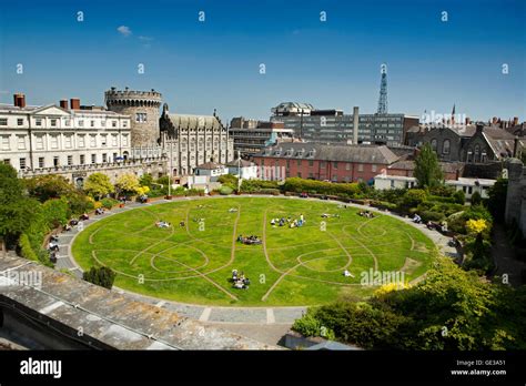 Ireland, Dublin, Dublin Castle, elevated view of Dubhlinn Gardens from ...