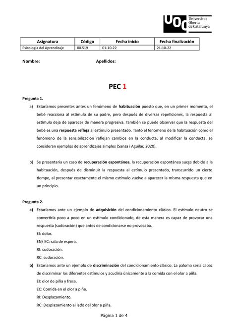 80 519 PEC 1 PSICOLOGÍA DEL APRENDIZAJE Psicología del Aprendizaje 80