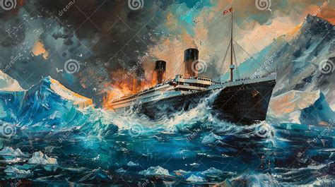 Tragic Collision: Titanic-like Ship Striking Iceberg in Dramatic Art ...