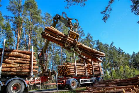 Background Derek Di Hutan Memuat Kayu Gelondongan Di Truk Pemanenan