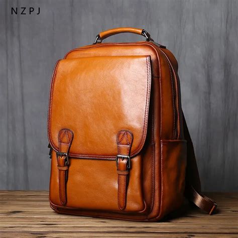 Nzpj Mochila De Cuero De Vaca Natural Para Hombre Bolso Escolar De Moda