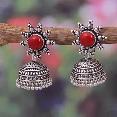 Oxidized Silver Plated Handmade Traditional Stone Jhumka Jhumki Ethnic