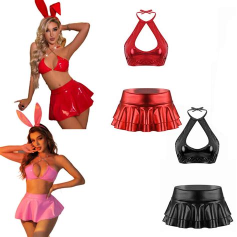 Womens Sexy Patent Leather Lingerie Set Uniform Bra Double Layered