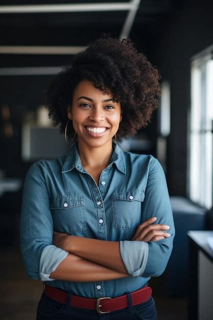 Retrato de uma feliz mulher de negócios afro americana os braços