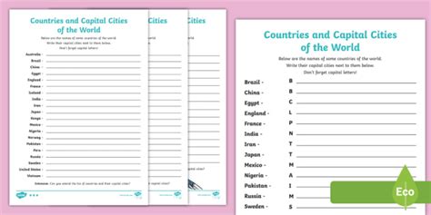 Capitals and Countries Around the World Worksheet - Worksheets Library