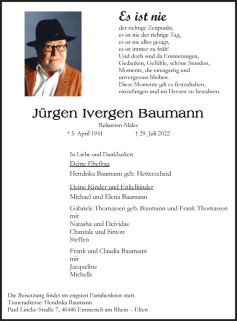 Traueranzeigen von Jürgen Ivergen Baumann Trauer in NRW de