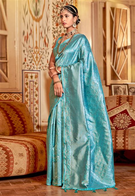 Sky Blue Silk Saree With Blouse 259080