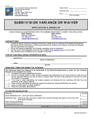 Fillable Online Leandertx Subdivision Variance Application Checklist