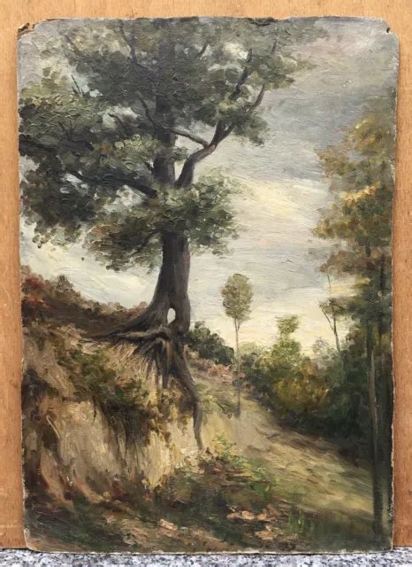 Tableau Impressionniste Ancien Huile Paysage Arbres Racines Talus Ciel