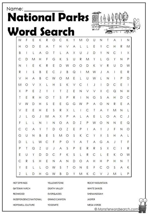 National Parks Word Search Monster Word Search